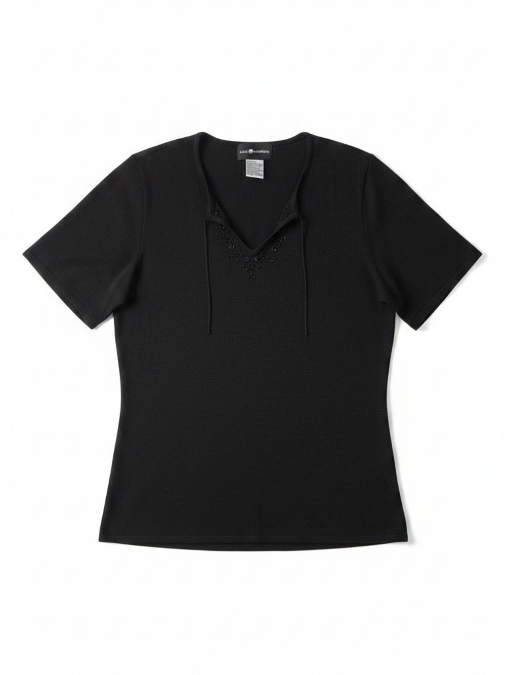 Sag Harbor Black Short-Sleeve Knit Top with V-Tie Detail